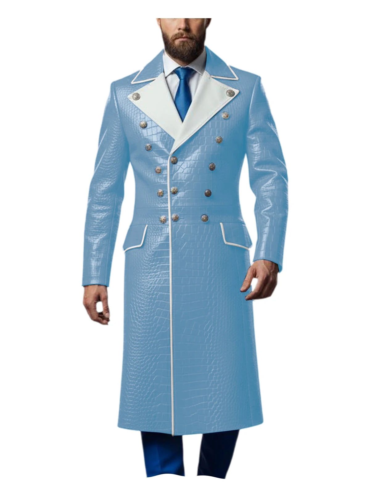 Men's Croc-Embossed Faux Leather Double-Breasted Overcoat with Contrast White Lapels