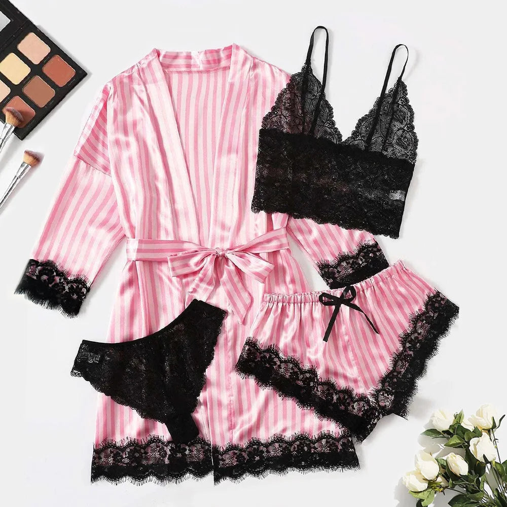 Pajama Fashion 4-piece Set Lace Satin Strap Sexy, Comfortable LADYLYS