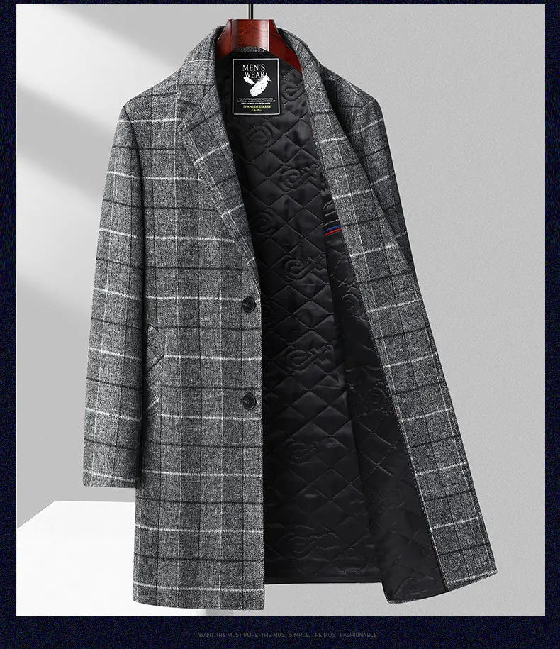 Men's Plaid Cashmere Trench Coat – Business Casual, Winter Luxury Outerwear