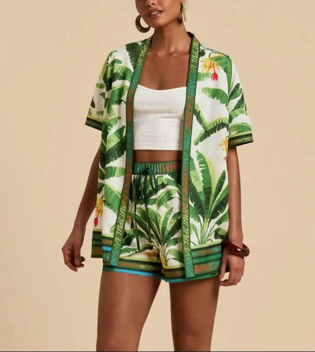Casual Printed Cardigan Short-sleeved Top Shorts Two-piece Set LADYLYS