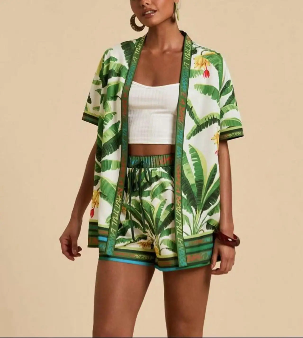 Casual Printed Cardigan Short-sleeved Top Shorts Two-piece Set LADYLYS