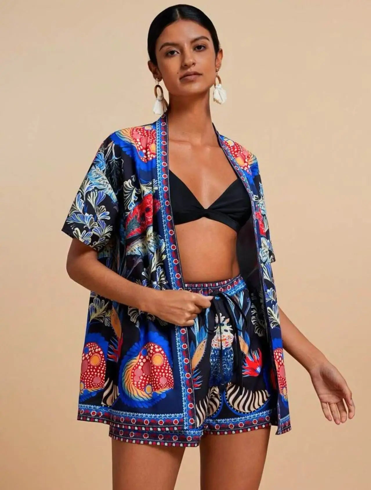 Casual Printed Cardigan Short-sleeved Top Shorts Two-piece Set LADYLYS