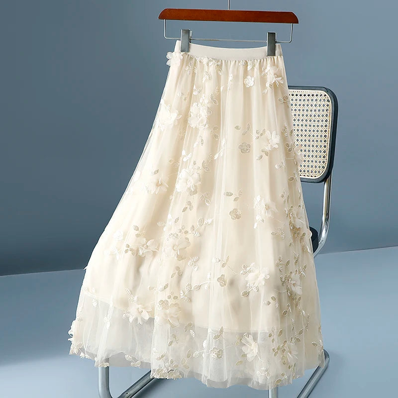 High Waist Slim Long Skirt High Quality Embroidery Sweet 3D Flowers Mesh Tulle LADYLYS
