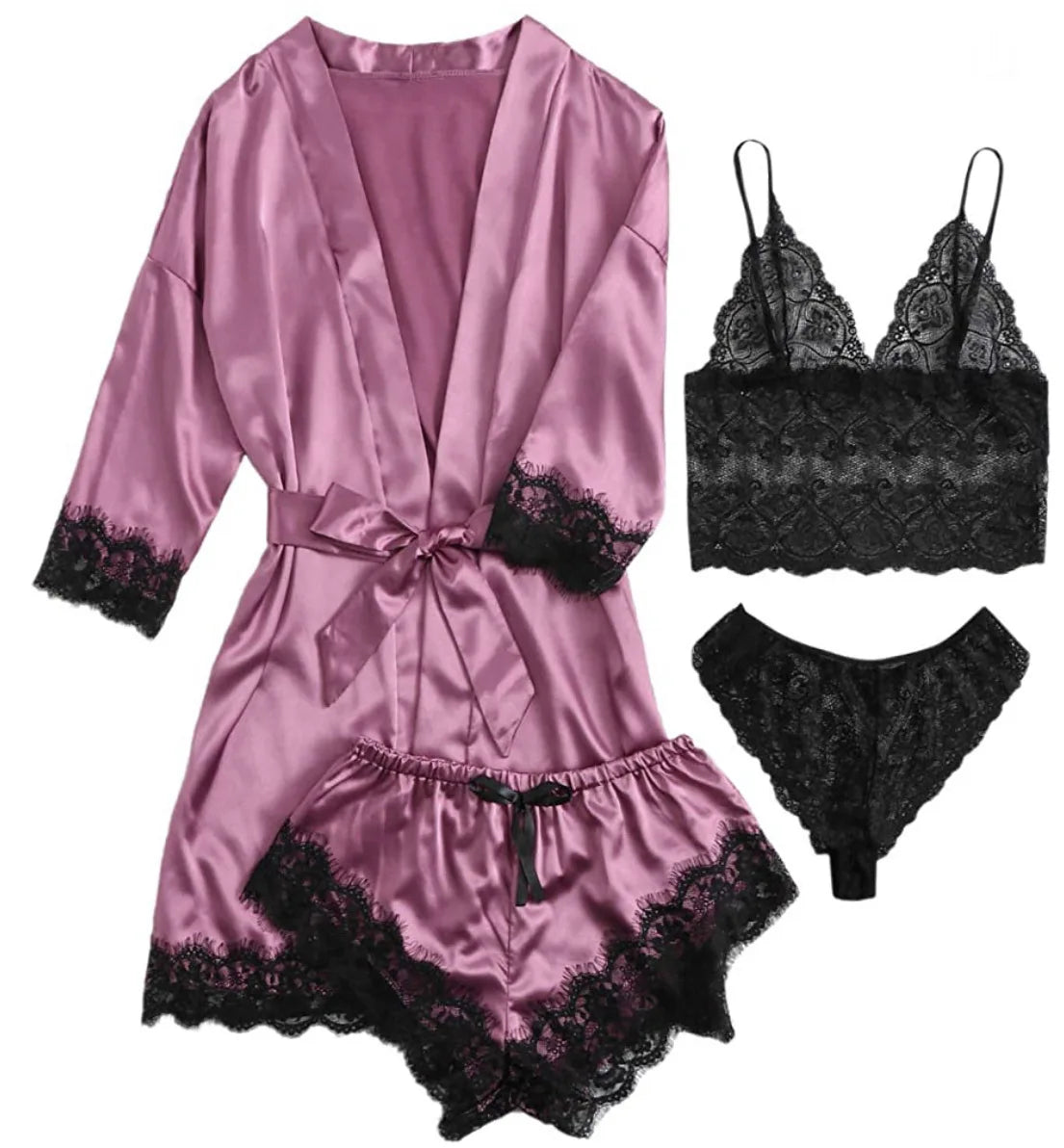 Pajama Fashion 4-piece Set Lace Satin Strap Sexy, Comfortable LADYLYS