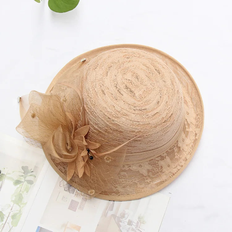 Sun Hats Women Lace Fabric Outdoor Fedora Hat Roll Rim LADYLYS