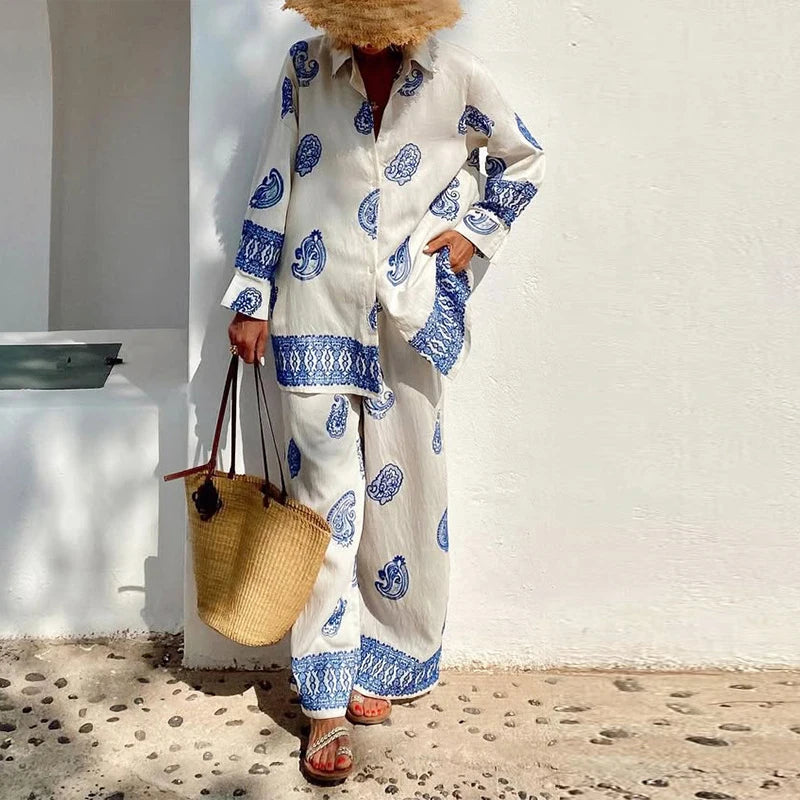 Summer Vacation Loose 2 Piece Sets Elegant Lady Long Sleeve Blouse Commute LADYLYS