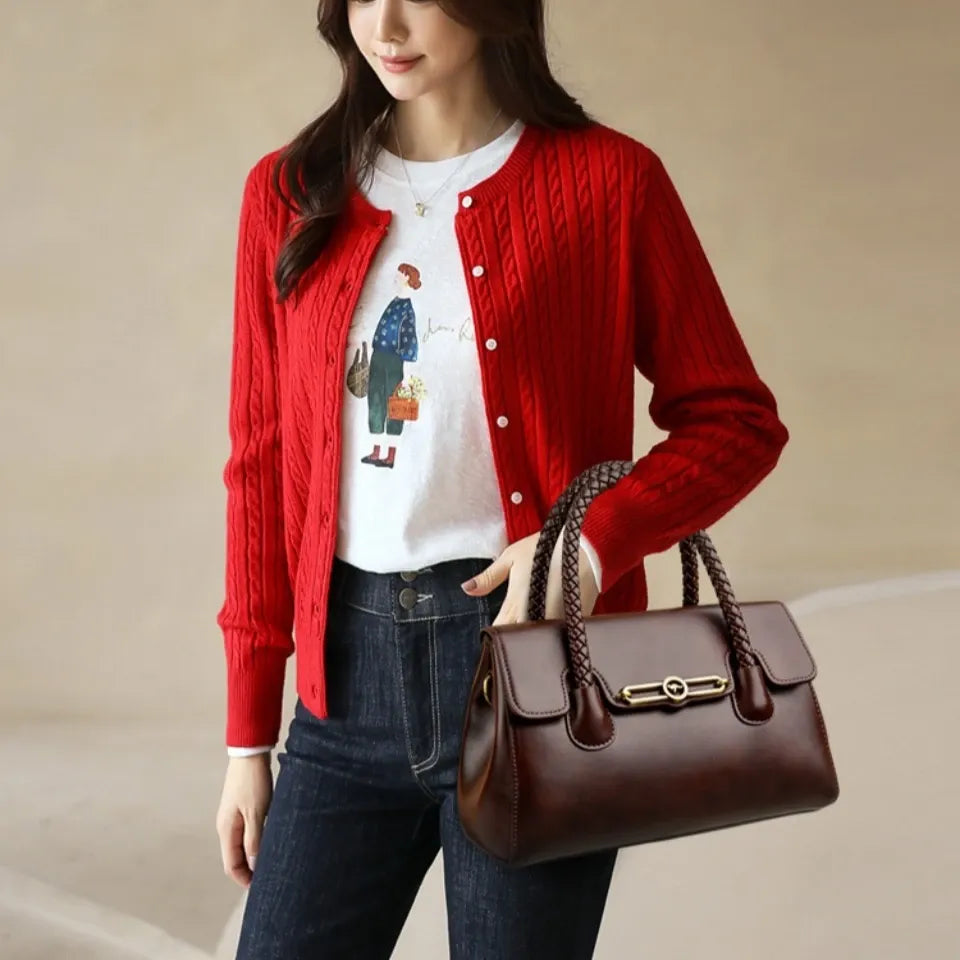Women's Leather Top-Handle Bag with Woven Handle