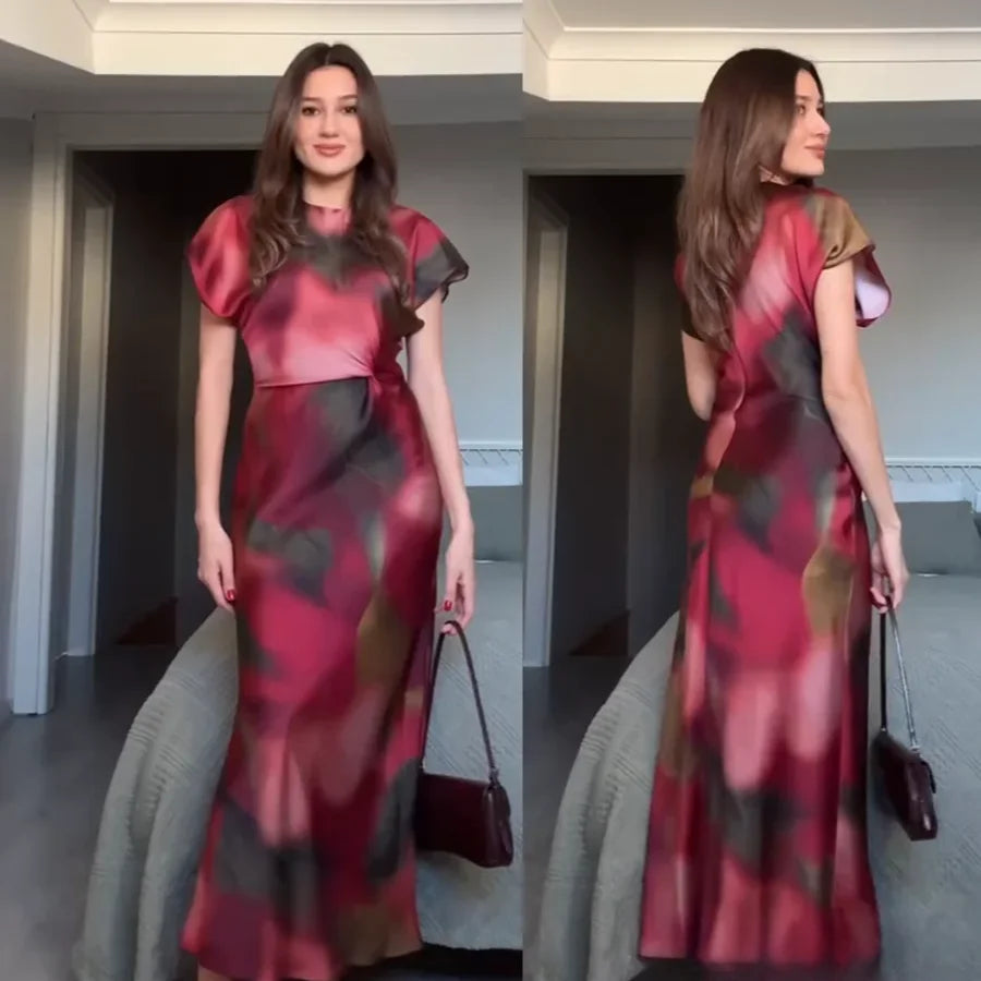 Vintage Satin Asymmetric Print Midi Pinch Pleat Long Dress LADYLYS