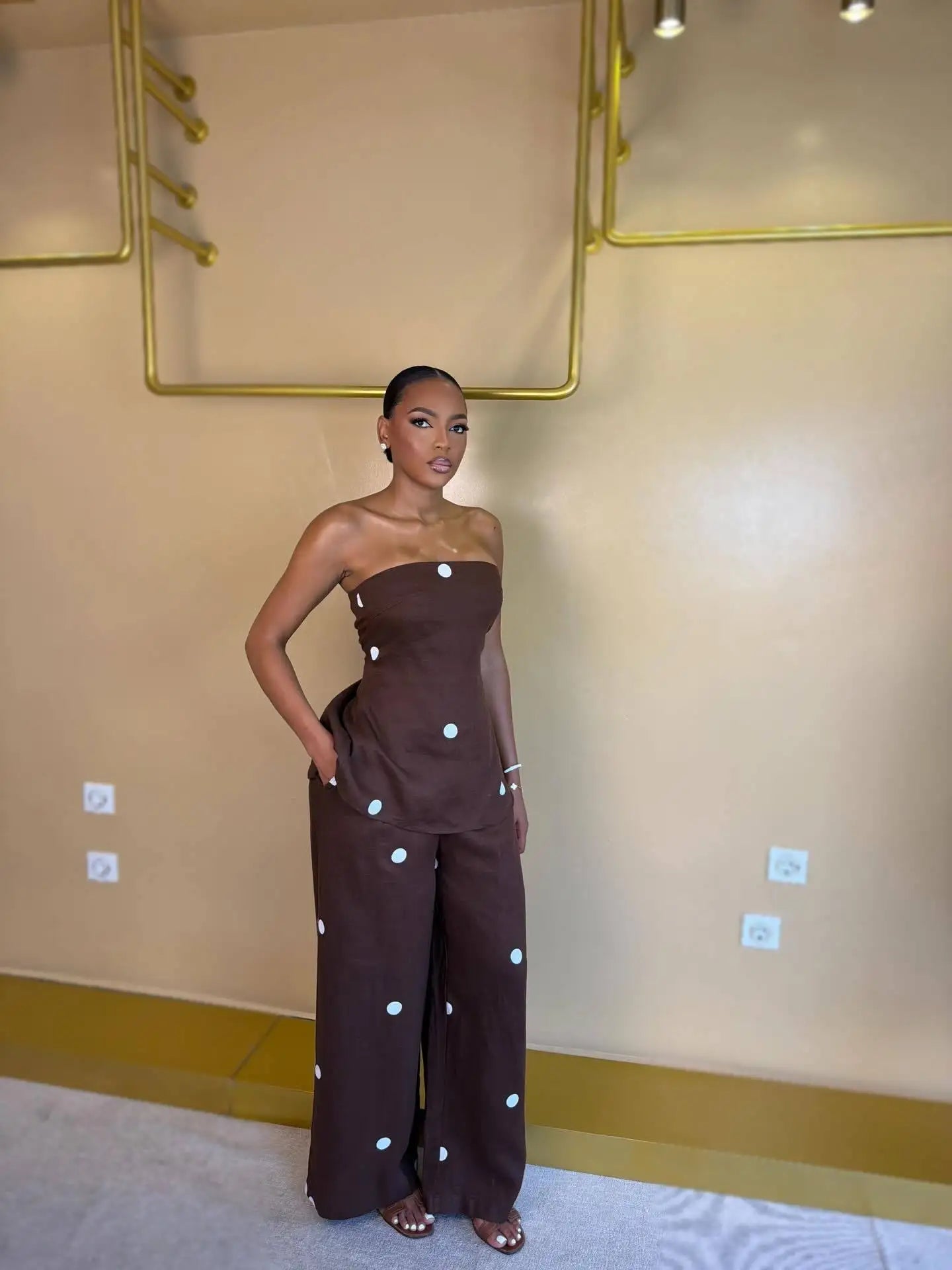 HLJ Women Polka Dot 2 Piece Outfits Elegant Bandeau Tube Top + High Waist Wide Leg Pants Set Summer Casual Streetwear Holidays LADYLYS