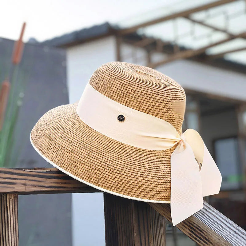 hood Hepburn wind big brim straw hat female summer sunscreen basin hat French beach holiday sunshade hat LADYLYS