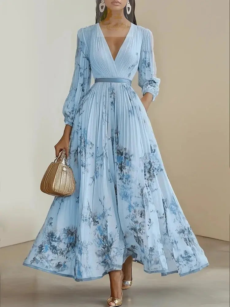 Pleated Dress New Spring Autumn Florat Printed Deep V-neck Long-sleeved Fashion Maxi Elegant LADYLYS