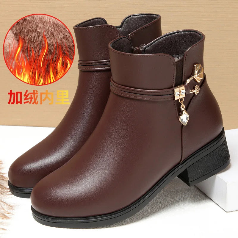 Women's Rhinestone Ankle Boots – Plush-Lined Zip-Up Low Heel Booties
