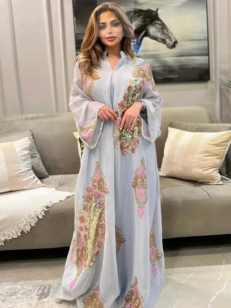 Morocco Dress for Women Muslim Abaya India Stand Collar Abayas Enbroidery Sequins LADYLYS