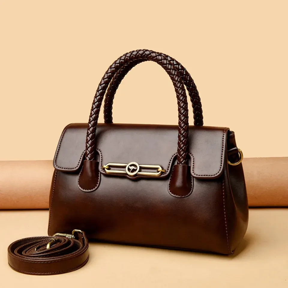 Women's Leather Top-Handle Bag with Woven Handle