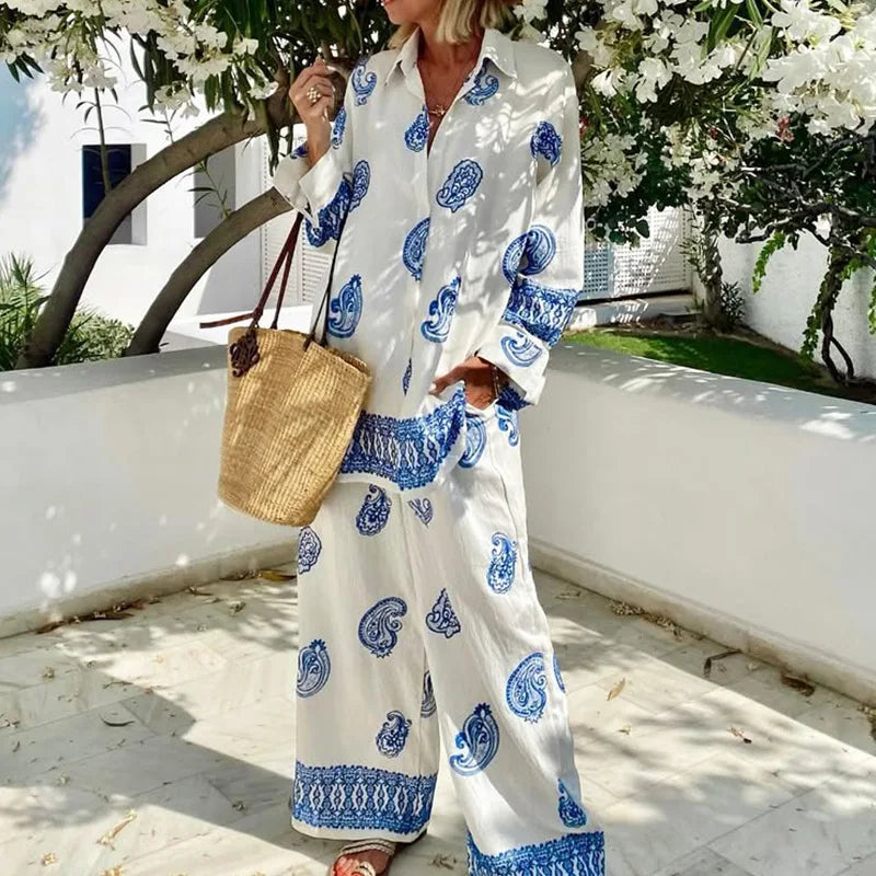 Summer Vacation Loose 2 Piece Sets Elegant Lady Long Sleeve Blouse Commute LADYLYS