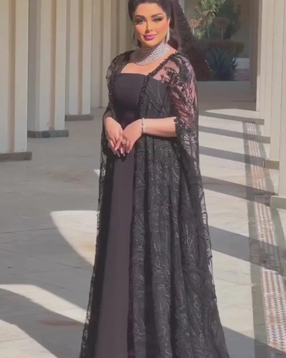 Chiffon A-Line Formal Gown with Square Neck and Lace Stole