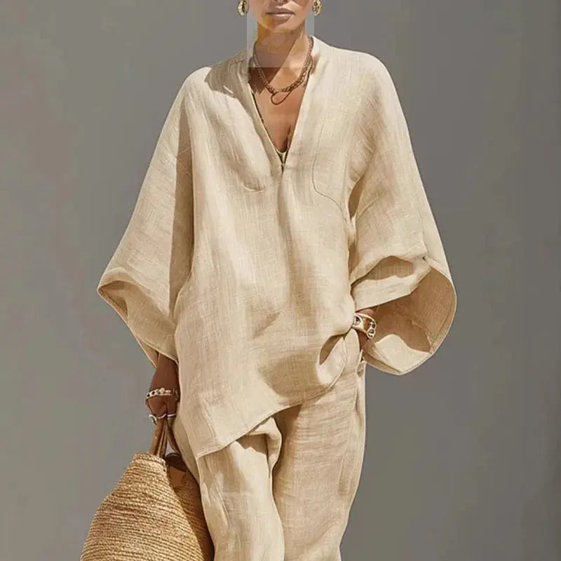 Female Clothing Two Piece Set Spring V Neck Loose Top Pullover & Long Pants Vintage LADYLYS