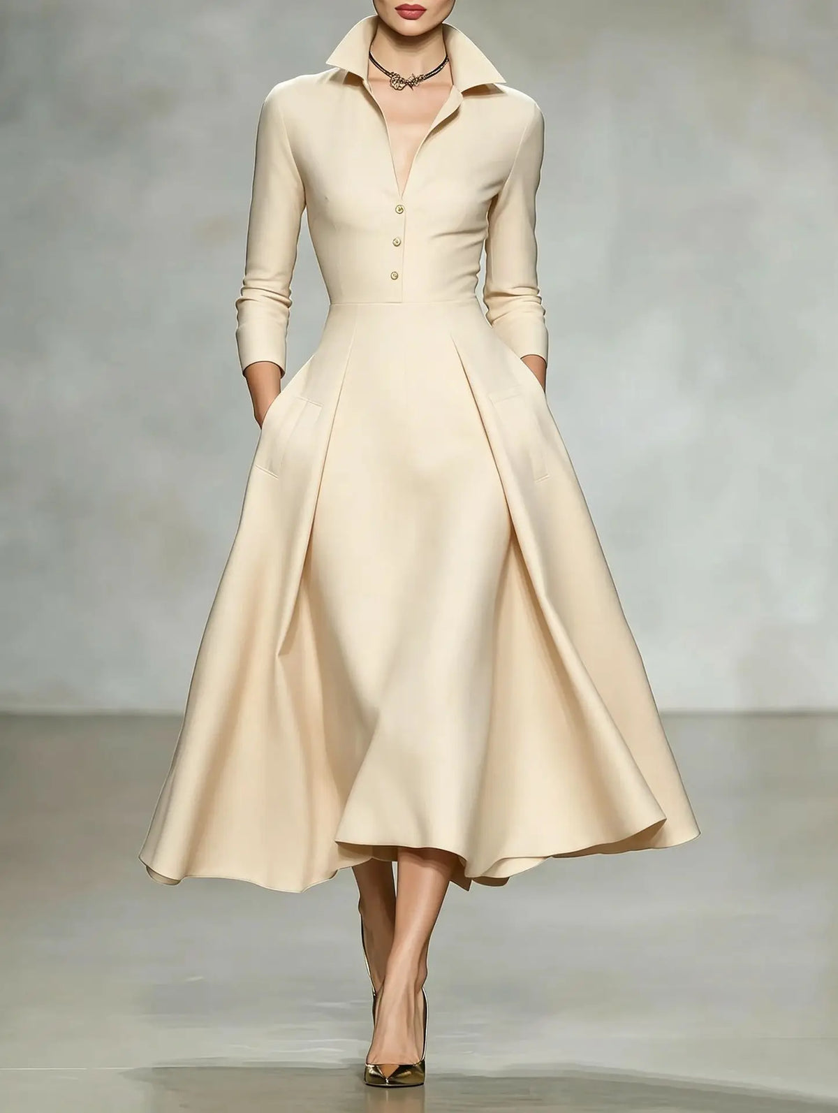 Women's Elegant V-Neck Long Sleeve Shirt Dress with Cinched Waist and Flared Skirt