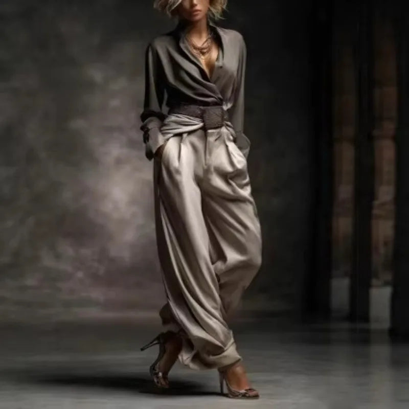 Vintage Satin Wide Leg Pants Suit Long Sleeve Cross V Neck Shirt High Waist LADYLYS