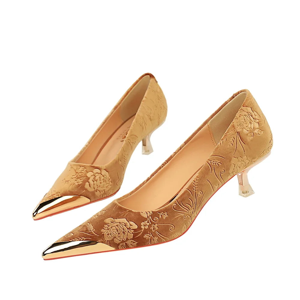 Vintage Suede Print 4cm High Heels Pumps Female Chic Metal Pointed Toe Elegant LADYLYS