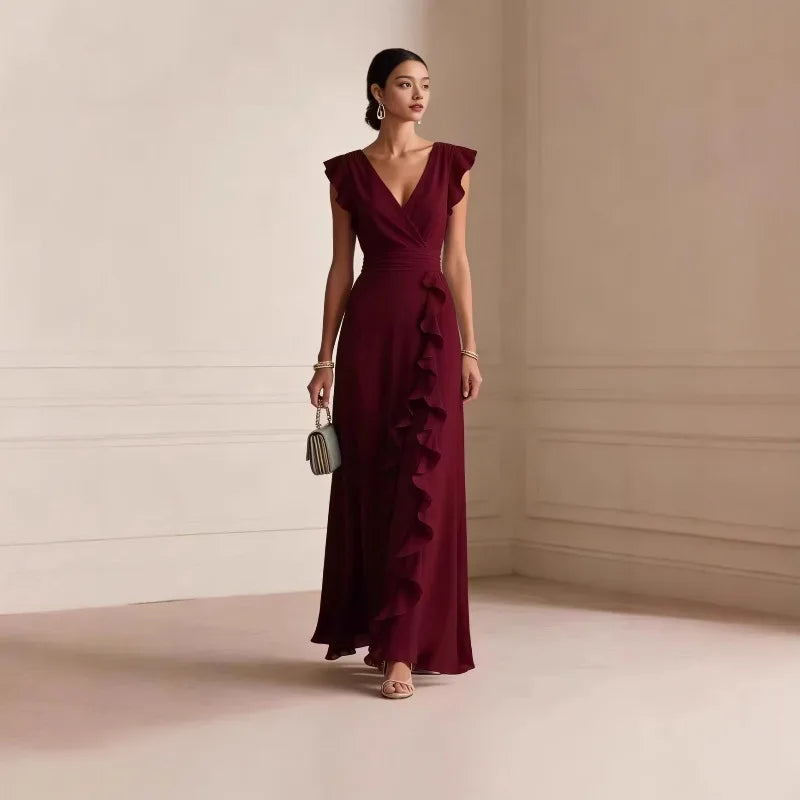 Women's Elegant Ruffle Sleeveless V-Neck Maxi Dress – Bohemian Party & Evening Gown