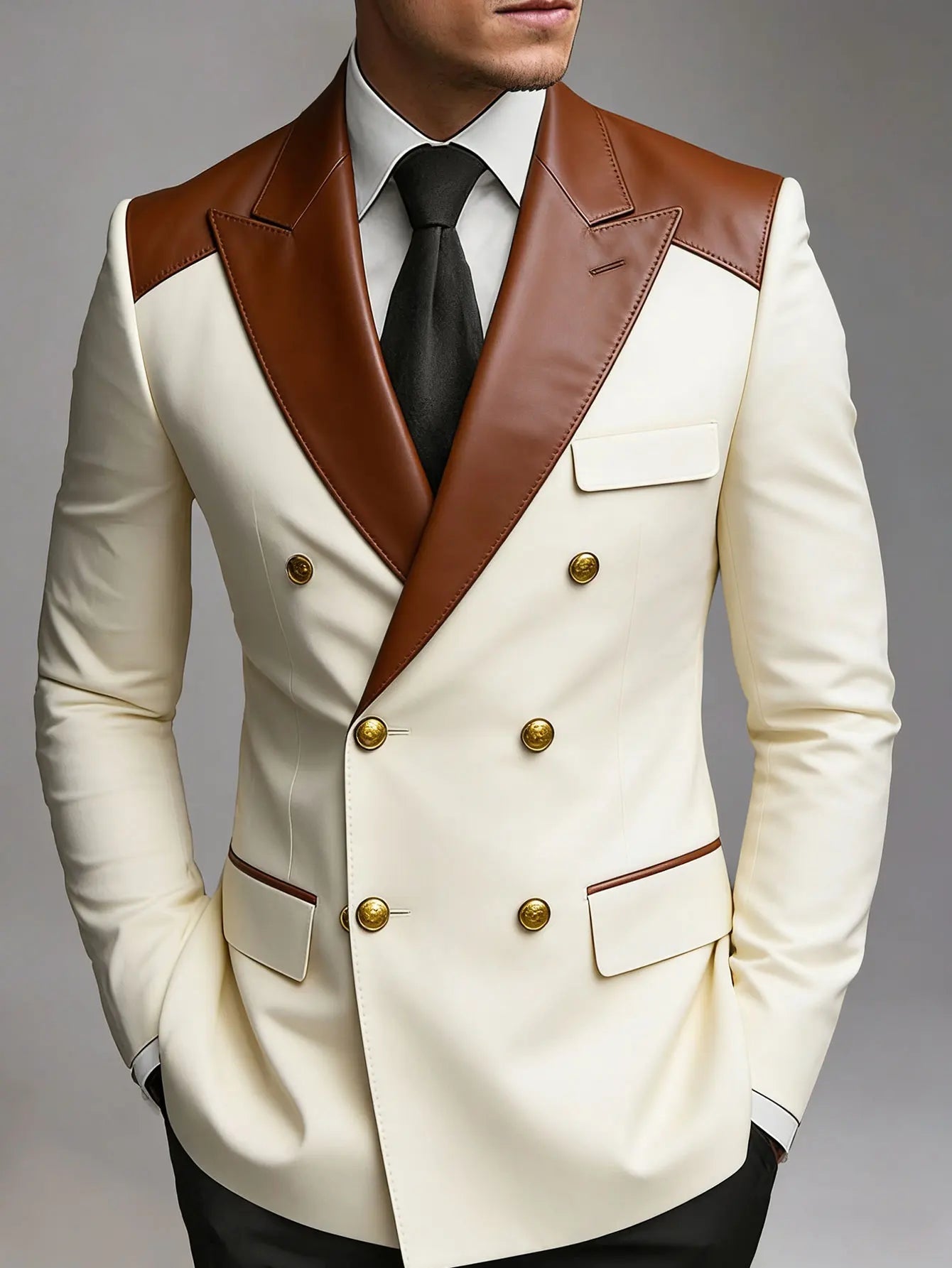 Men's Cream White Double-Breasted Blazer – Faux Leather Lapel & Gold Buttons LADYLYS