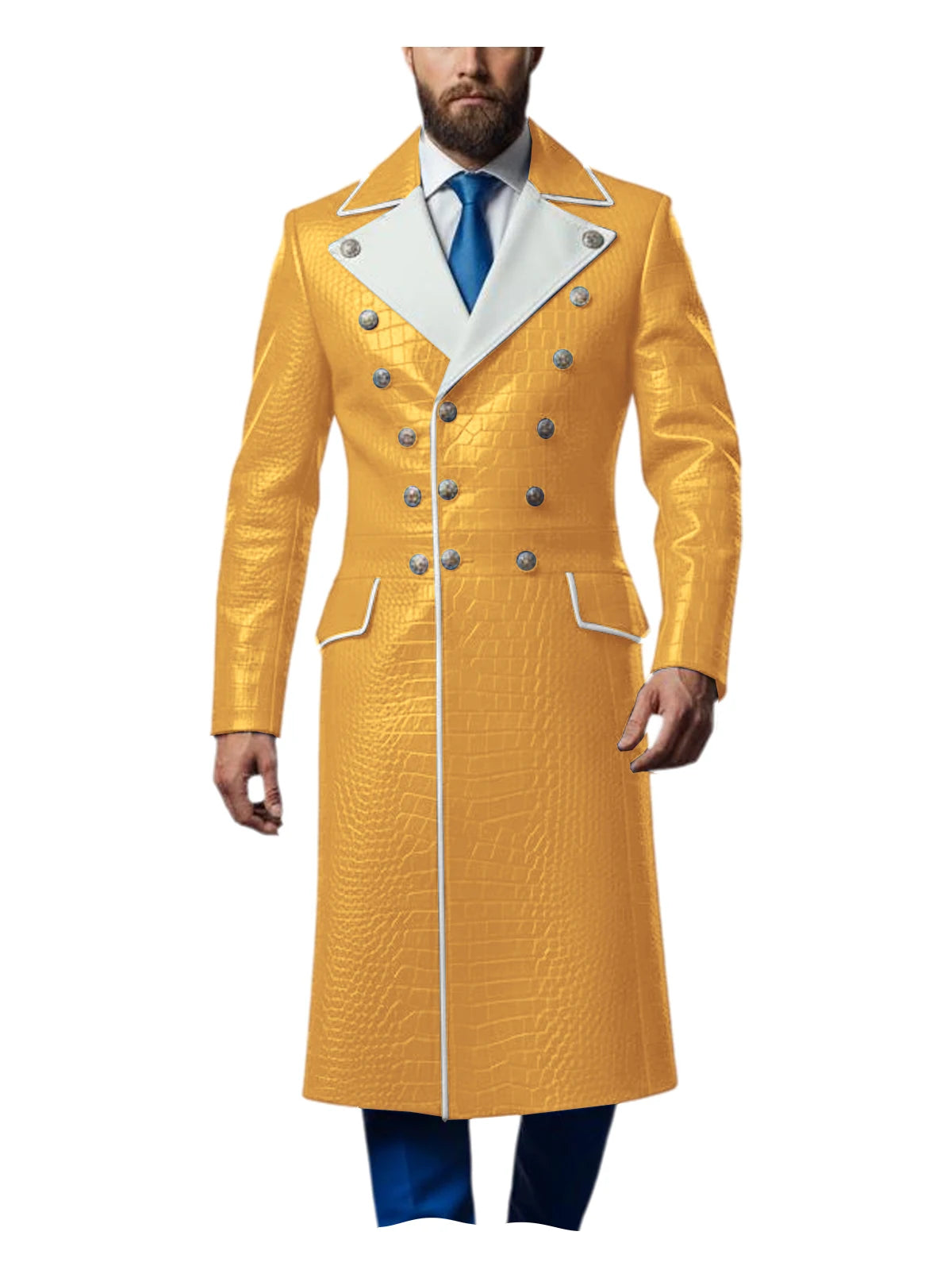 Men's Croc-Embossed Faux Leather Double-Breasted Overcoat with Contrast White Lapels