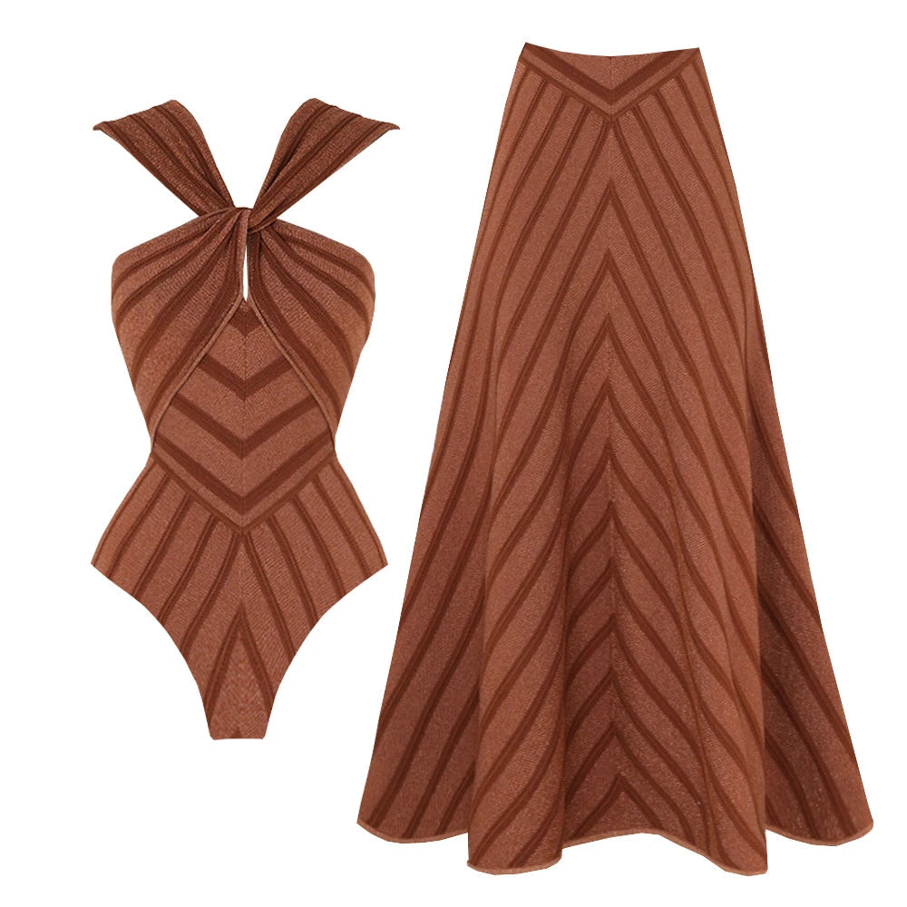 2Pcs Striped Swimsuit With Long Skirt Sexy Women Bikini Push Up Swimwear Halter LADYLYS