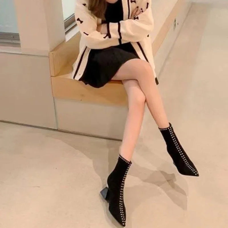 Women's Pointed Toe Ankle Boots – 7cm Square Heel, French Style Winter Boots