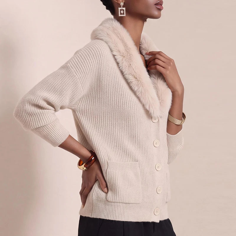 Women's Vintage V-Neck Knit Cardigan with Faux Fur Trim