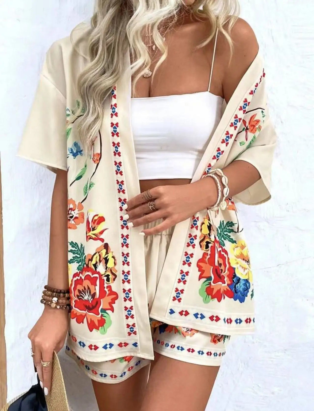 Casual Printed Cardigan Short-sleeved Top Shorts Two-piece Set LADYLYS