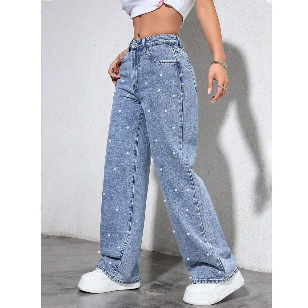 Women's High-Waist Straight-Leg Jeans with Beaded Details