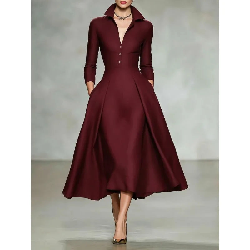 Women's Elegant V-Neck Long Sleeve Shirt Dress with Cinched Waist and Flared Skirt