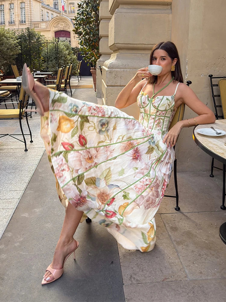 Floral Print Halter Neck Corset Waist Maxi Dress Elegant LADYLYS