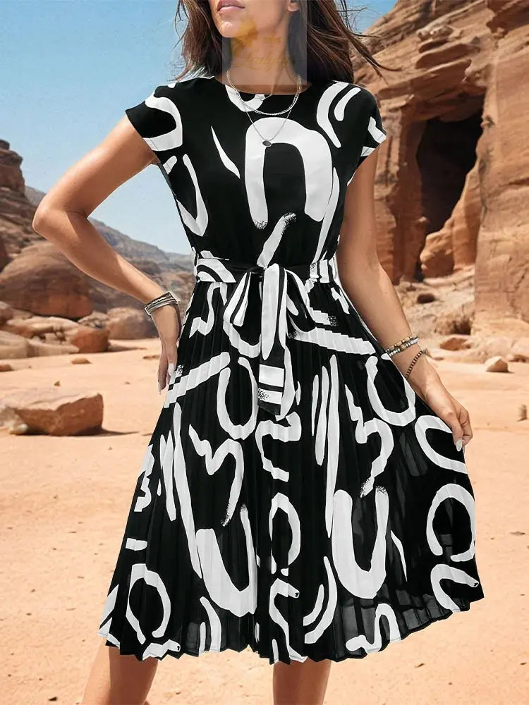 Spring Summer O Neck Pleated Medium Long Dress Fashion Print Lace-up Dress LADYLYS