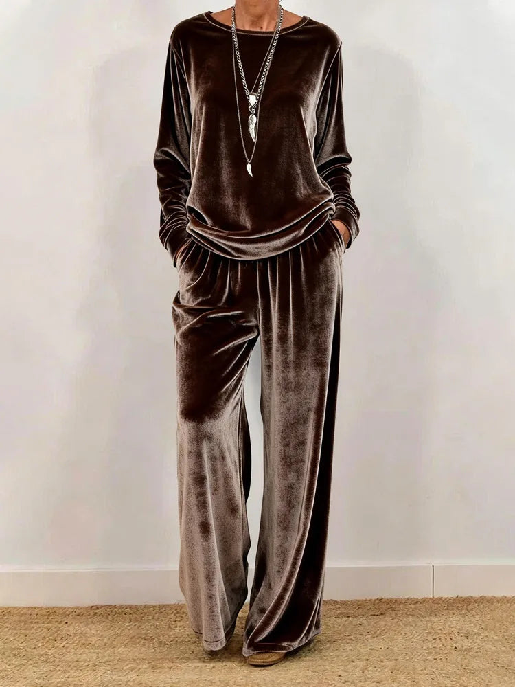 Women's Velvet O-Neck Top & Wide Leg Pants Set — Solid Color 2-Piece Outfit