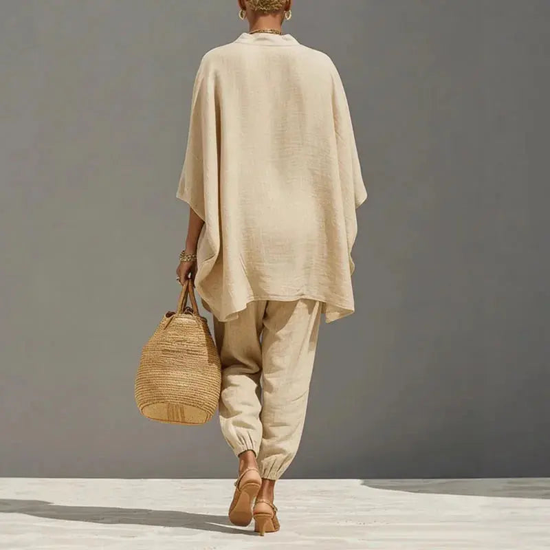 Female Clothing Two Piece Set Spring V Neck Loose Top Pullover & Long Pants Vintage LADYLYS