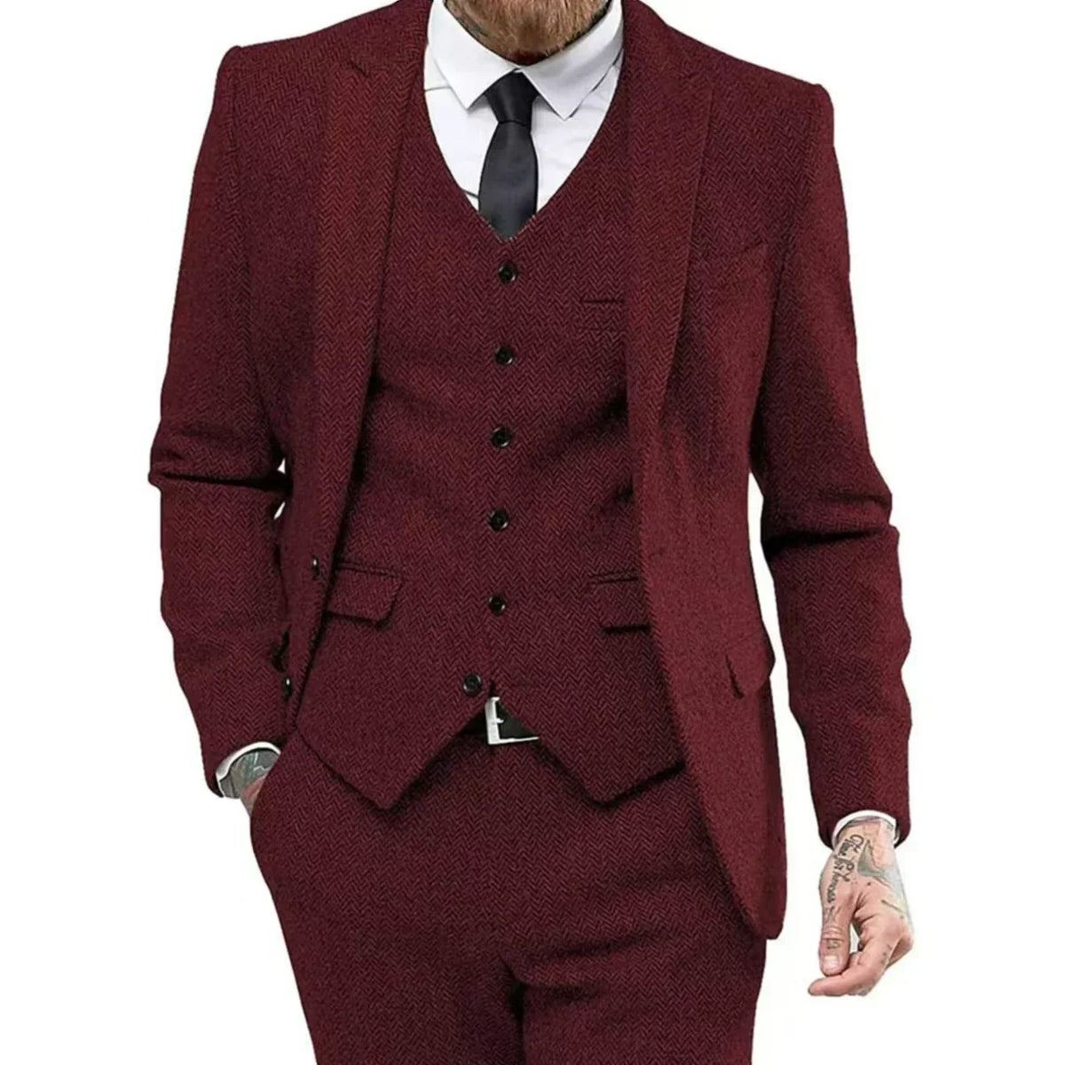 Men's Slim-Fit Herringbone Three-Piece Suit