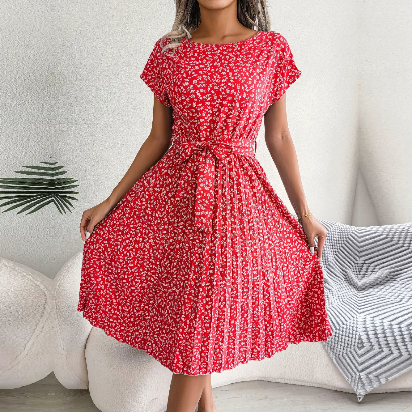 Summer Short Sleeve High Waist Chic Dress Fashion Floral Pleated A Line Long Dress LADYLYS