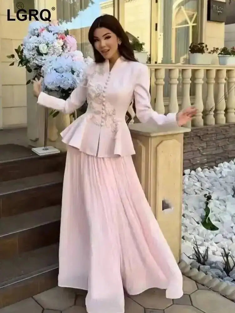Women’s V-Neck Blouse and A-Line Skirt Two-Piece Set