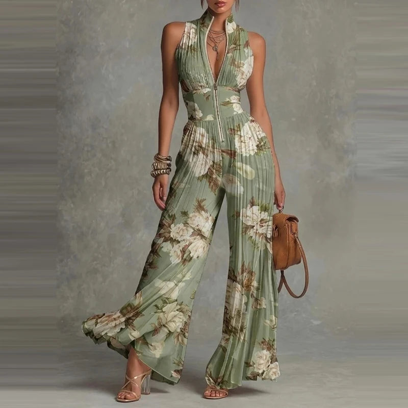 Elegant Lady Zipper Wide Leg Playsuits Stand Collar High Waist Pleat Jumpsuit LADYLYS