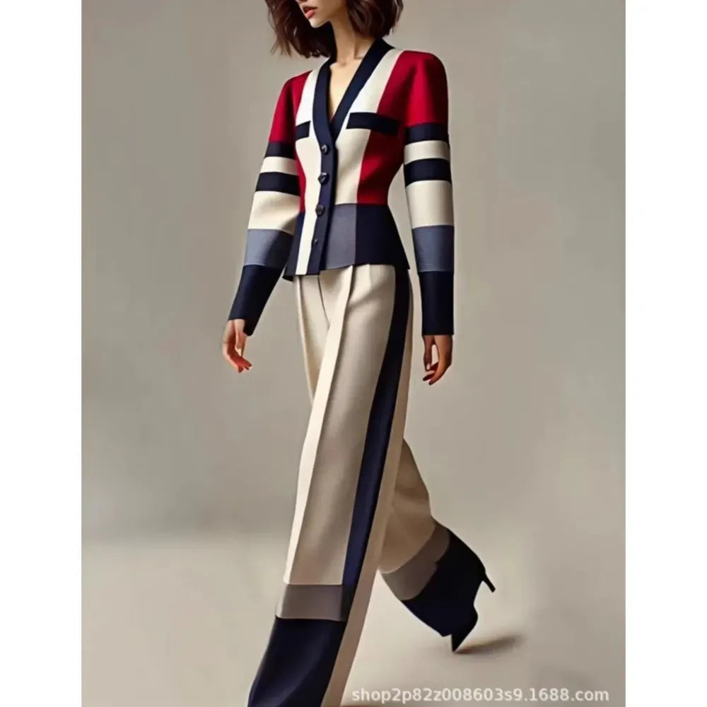 Women's Red Colour-Block Blazer & Trousers Set