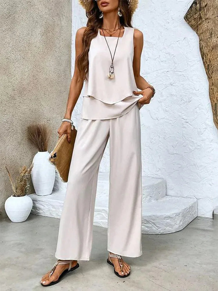 Summer Print Women Two Piece Set Fashion Top Sleevelss Elegant Suits LADYLYS