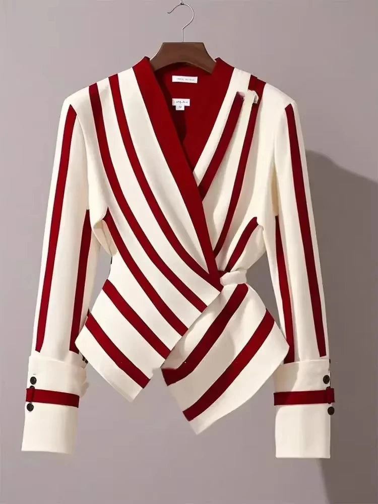 Luxury Long Sleeve Shirt Unique Chic Korean Style V-neck Striped Blosues Tops LADYLYS