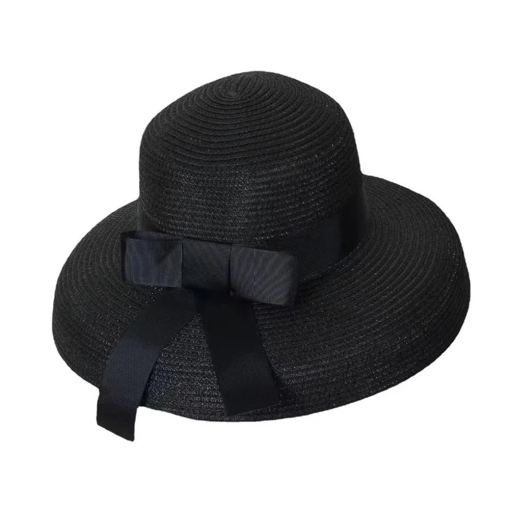 Vintage Breathable Straw Hat Black Ribbon Large Brim Sunshade Hat UV Protection Sun Hat Women LADYLYS