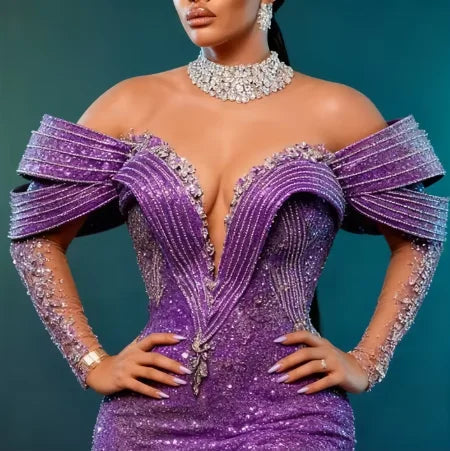Aso Ebi Luxury Silver Lace Beaded Evening Dresses LADYLYS