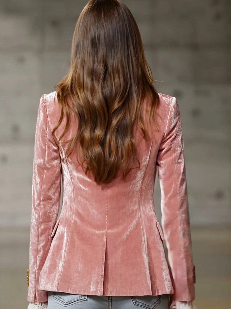 Women's Pink Velvet Single-Button Blazer
