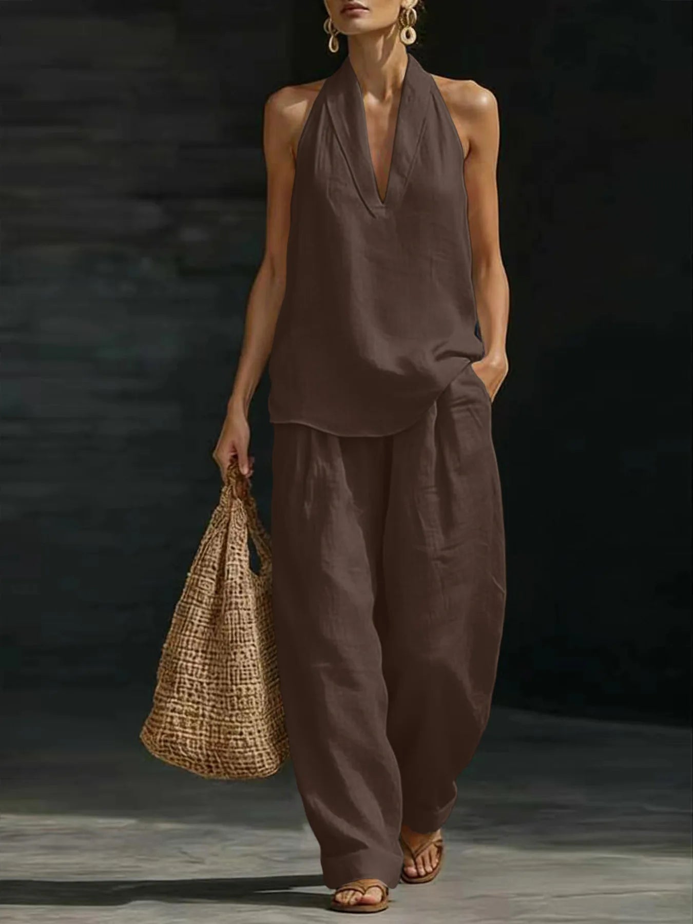 Women Linen 2 Piece Outfit Halter V Neck Sleeveless Tank Top Wide Leg Pants LADYLYS