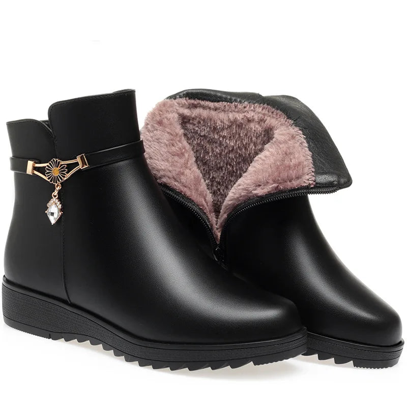 Women's Velvet Fleece-Lined Ankle Boots – Low Square Heel Anti-Slip Winter Booties