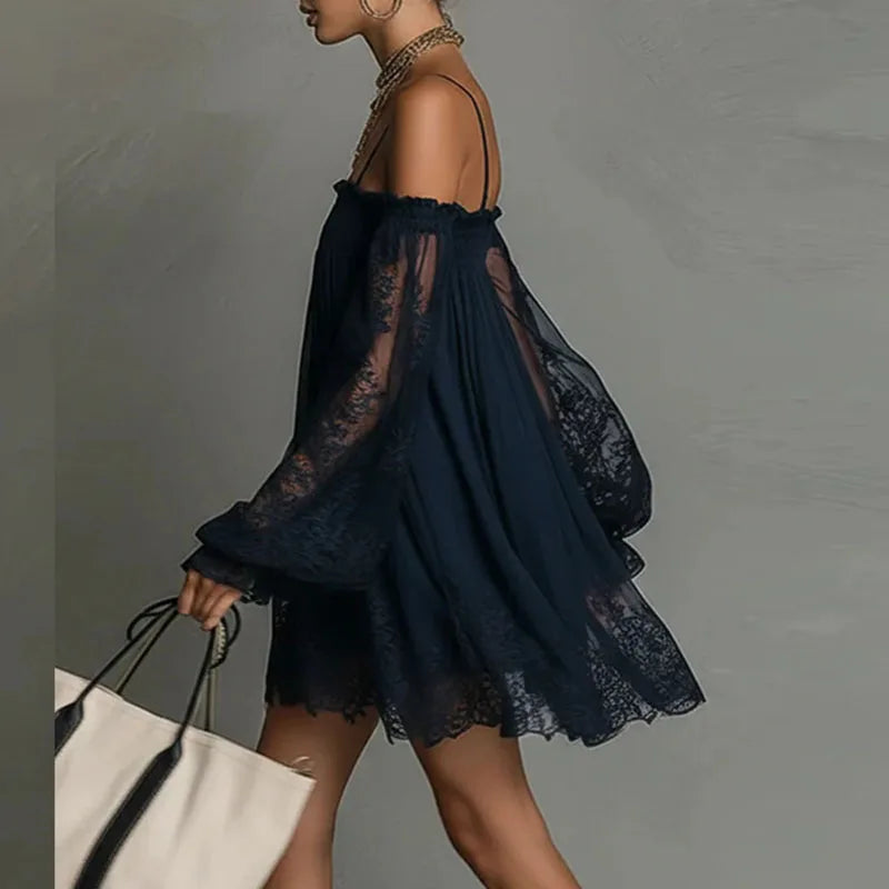 Boho Off-Shoulder Lace Mini Dress – Puff Sleeve Ruffle A-Line Party Dress